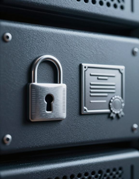 Digital certificate and lock icon on server rack