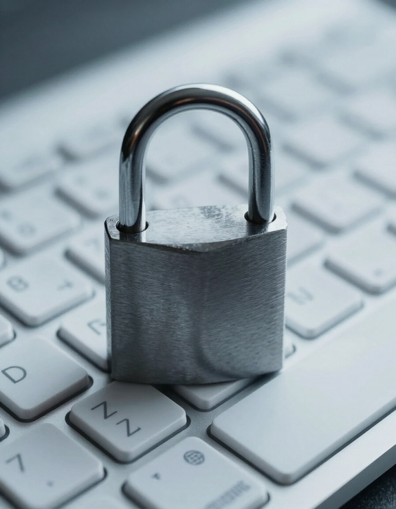 Metal padlock resting on a computer keyboard